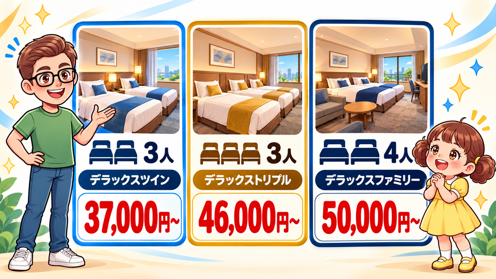 家族向け3タイプの参考料金：デラックスツイン37,000円〜、デラックストリプル46,000円〜、デラックスファミリー50,000円〜