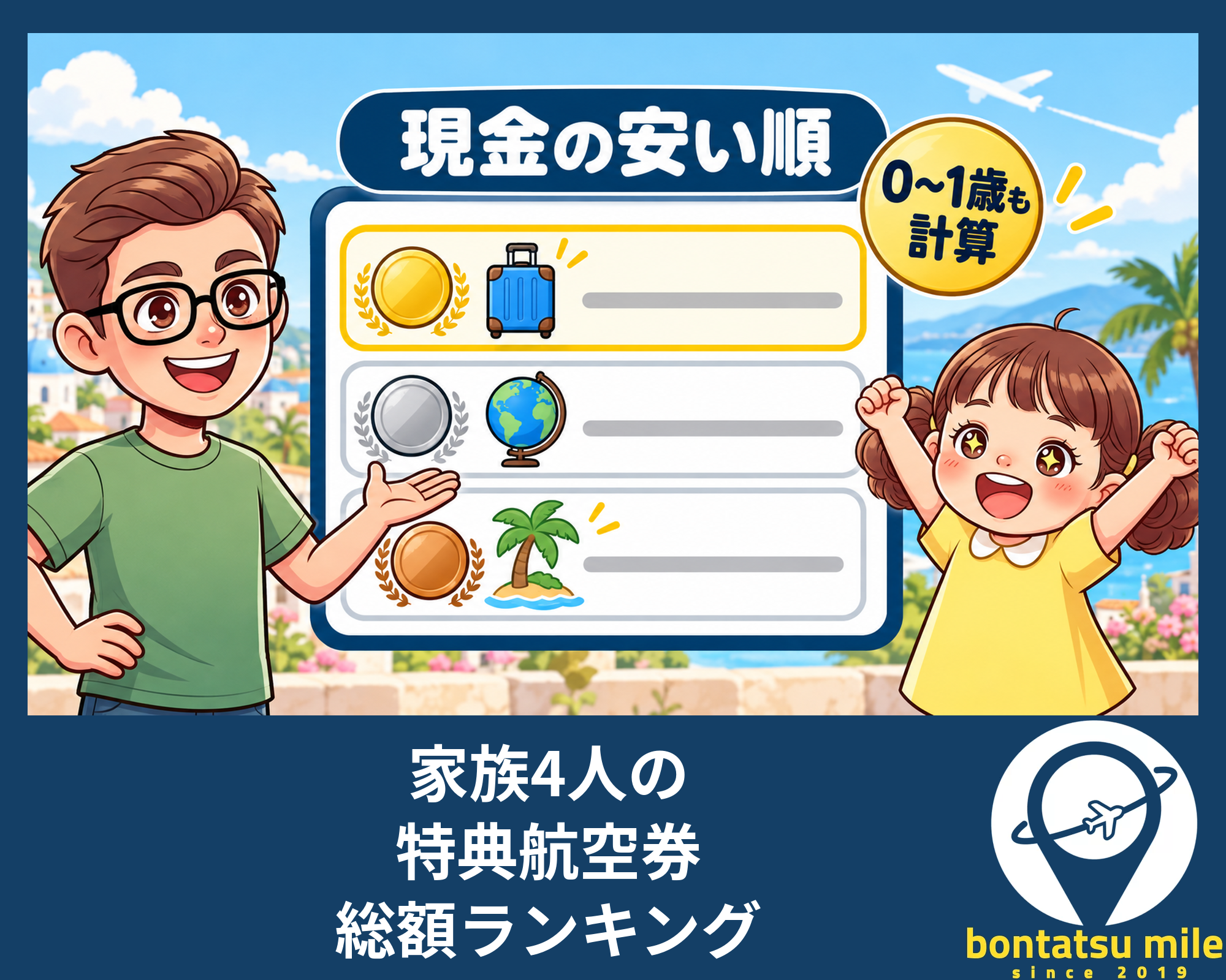 家族4人の特典航空券を、燃油サーチャージと税の現金が安い順に並べたランキング（0〜1歳のひざの上・座席ありも計算）