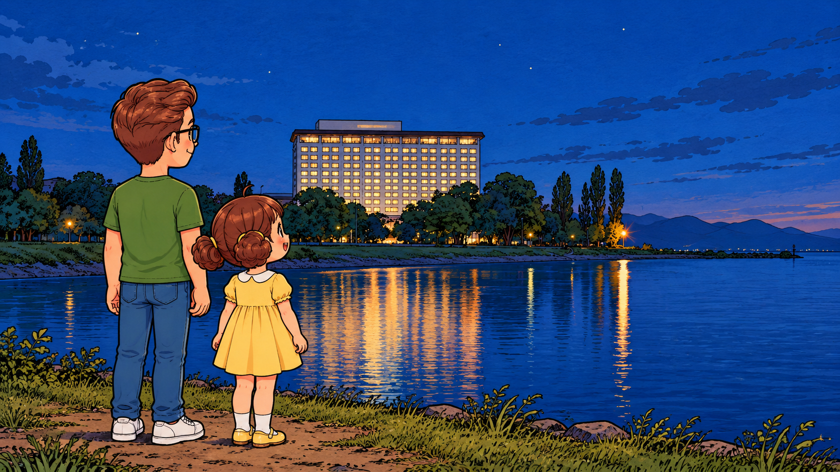 湖のほとりからグランドメルキュール琵琶湖を眺めるパパと娘(イメージイラスト)