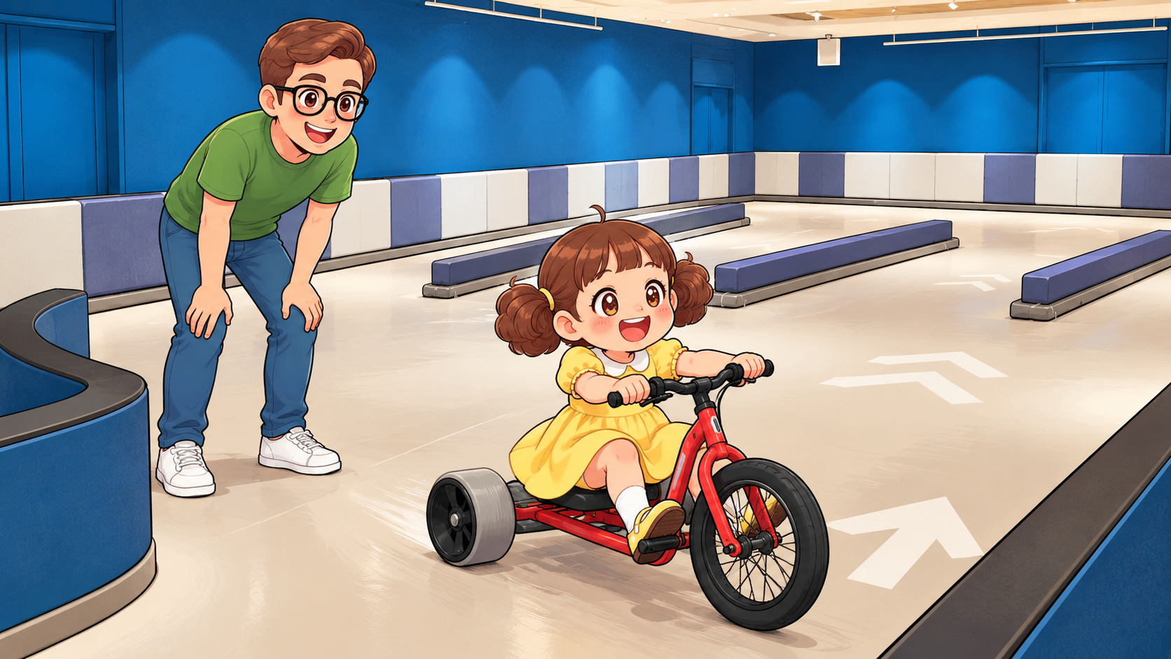 グランドメルキュール八ヶ岳のキッズスペース「杜の8」で遊ぶ娘とパパ(イメージイラスト)